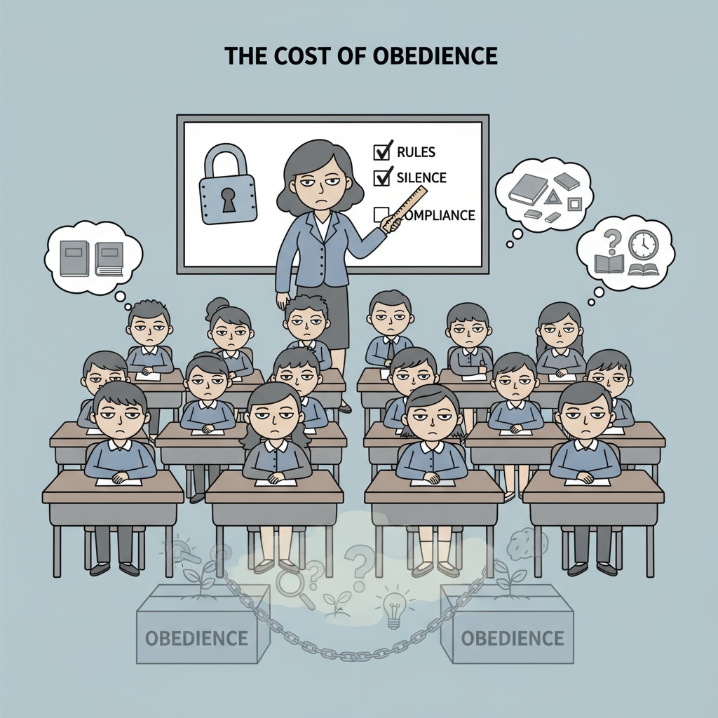 A classroom scene where students are sitting quietly, following rules, with a bored expression on their faces. This shows how the emphasis on obedience can affect students' natural curiosity. Classroom scene depicting the suppression of curiosity due to obedience requirements