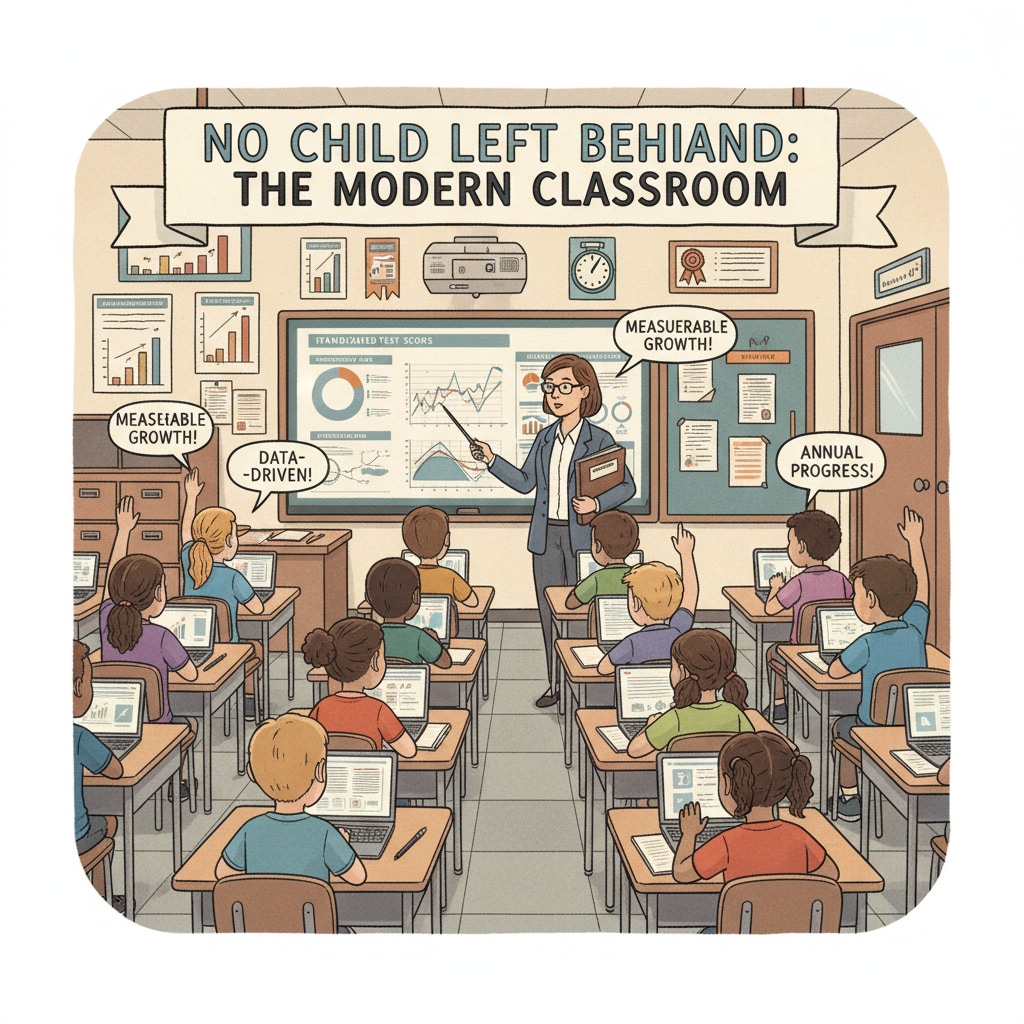 A classroom scene with students actively engaged in learning, representing the educational environment affected by NCLB. A classroom scene showing the impact of NCLB on educational accountability and teaching practices.