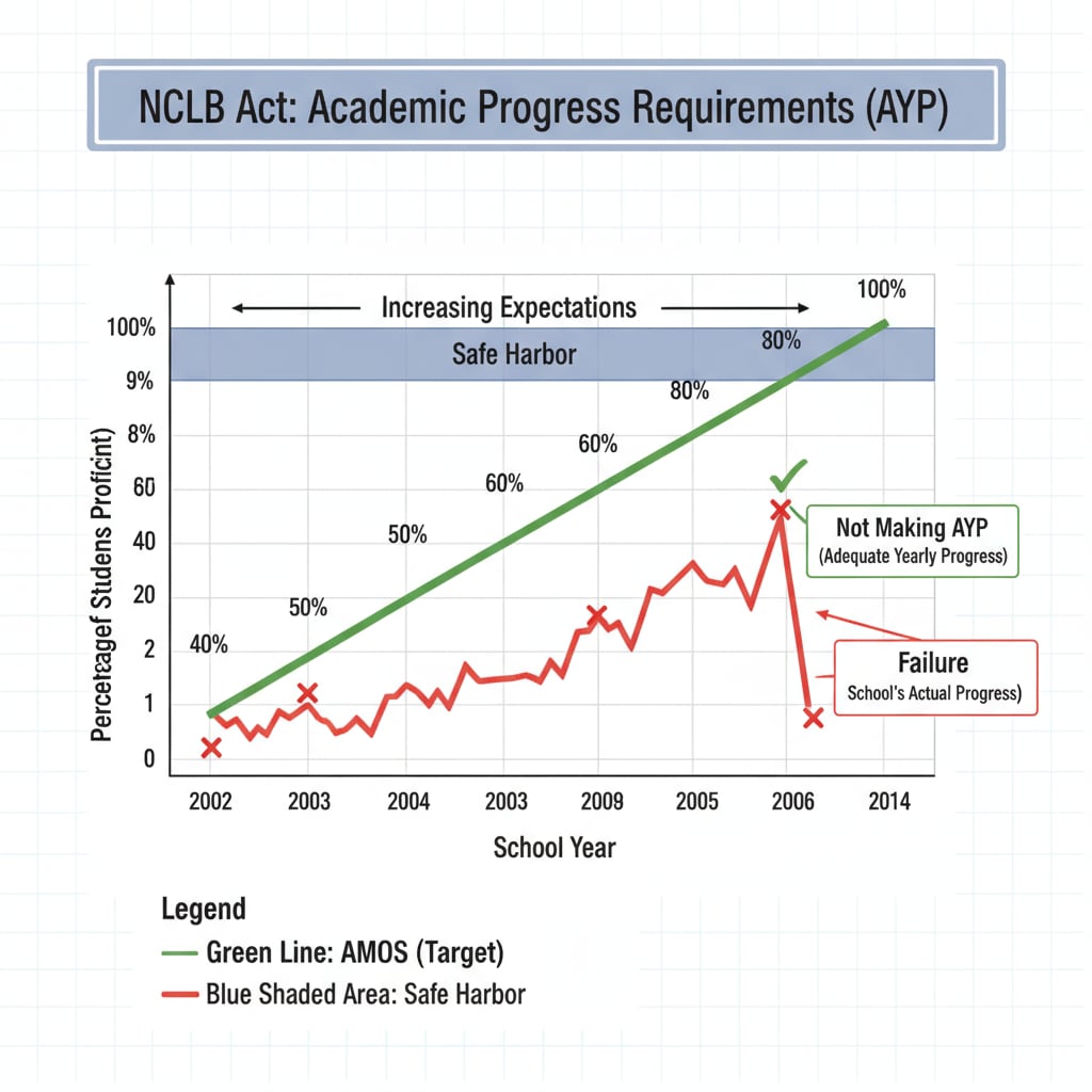 A graphical representation of the academic progress requirements set by the NCLB Act for schools. Graph showing NCLB - mandated academic progress in K12 education.