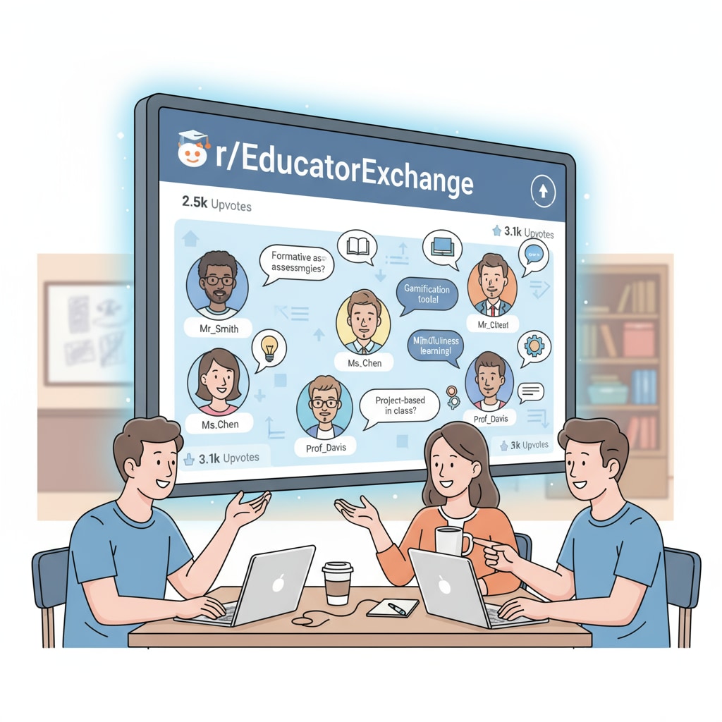 An illustration depicting teachers chatting and sharing ideas on a virtual platform representing a Reddit educational subreddit. Teachers collaborating on a Reddit educational subreddit for professional growth