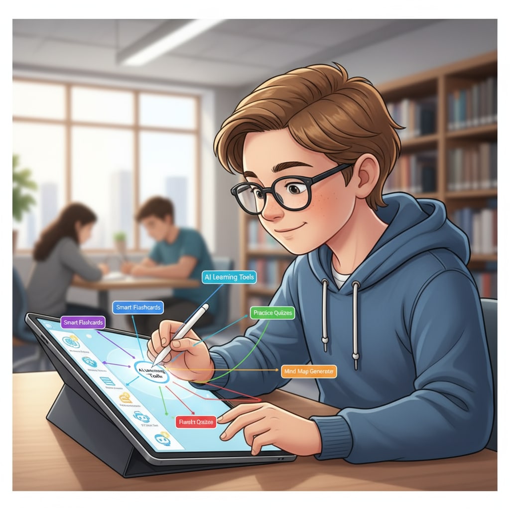A student using AI learning tools and creating a mind map for efficient learning.