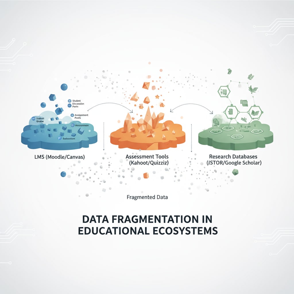 A visual representation of multiple platforms with scattered data points, showing how data is fragmented across different educational tools. Scattered data across multiple platforms in education related to AI learning centers, data integration, and teacher insights