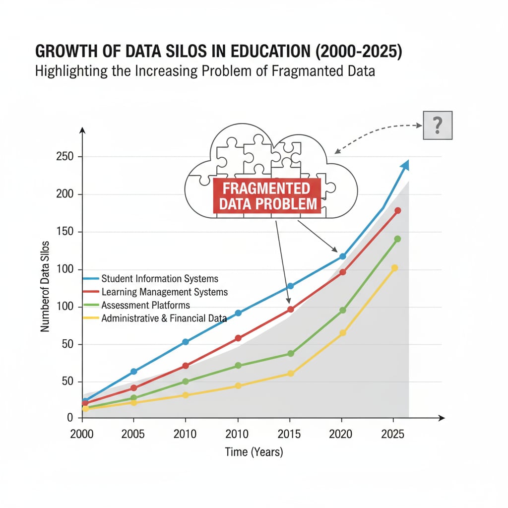 A graph depicting the growth of data silos in education over time, highlighting the increasing problem of fragmented data. Growth of data silos in education relevant to AI learning centers, data integration, and teacher insights