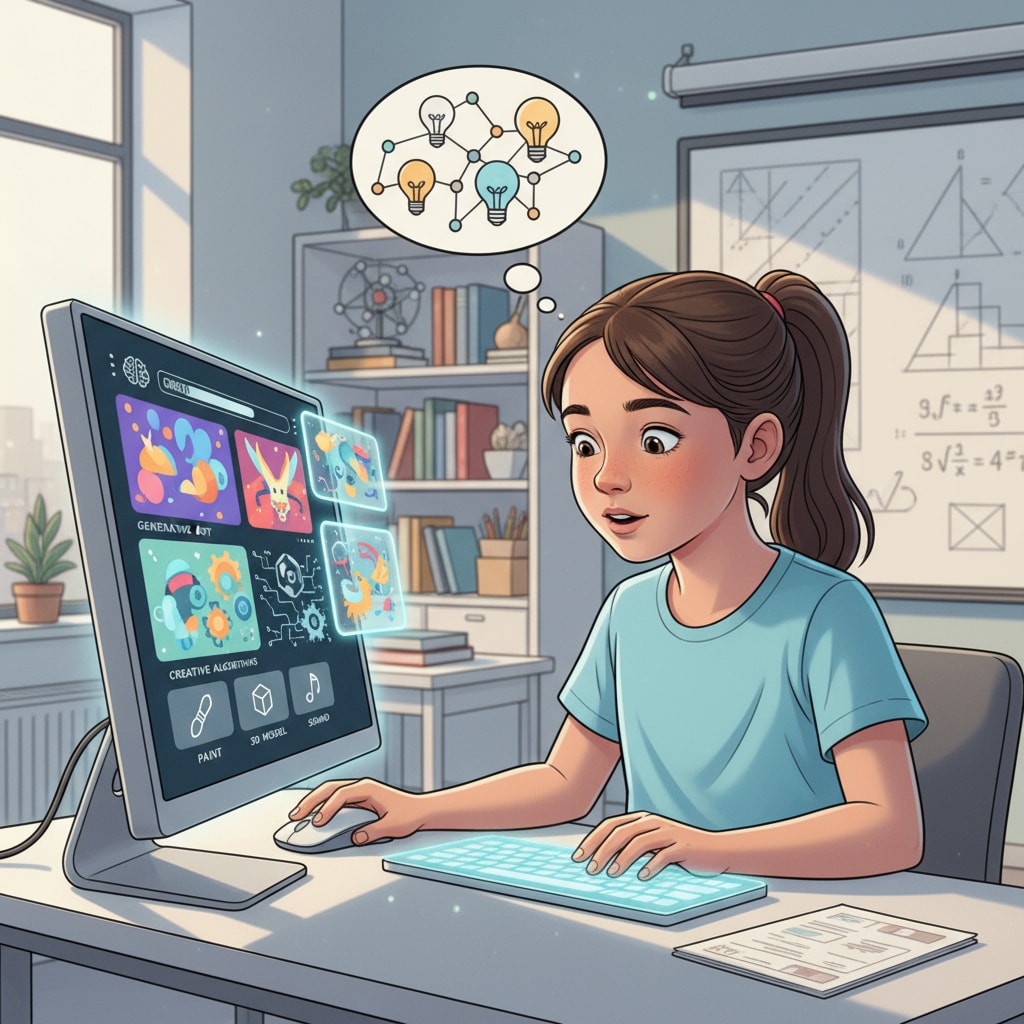 A young girl is sitting attentively in front of a computer screen, actively exploring AI creation software. Her eyes are fixed on the screen, filled with curiosity as she discovers new ways to use the technology. A young girl exploring AI creation software, highlighting children's AI use and the allure of AI for them.