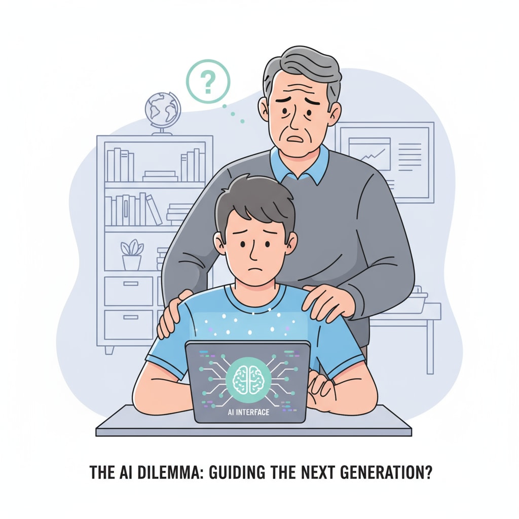A parent is standing behind a child who is using a device with an AI interface. The parent has a worried expression on their face, emphasizing the concerns parents have regarding children's AI use. A worried parent observing a child using an AI device, depicting parents' concerns about children's AI use.