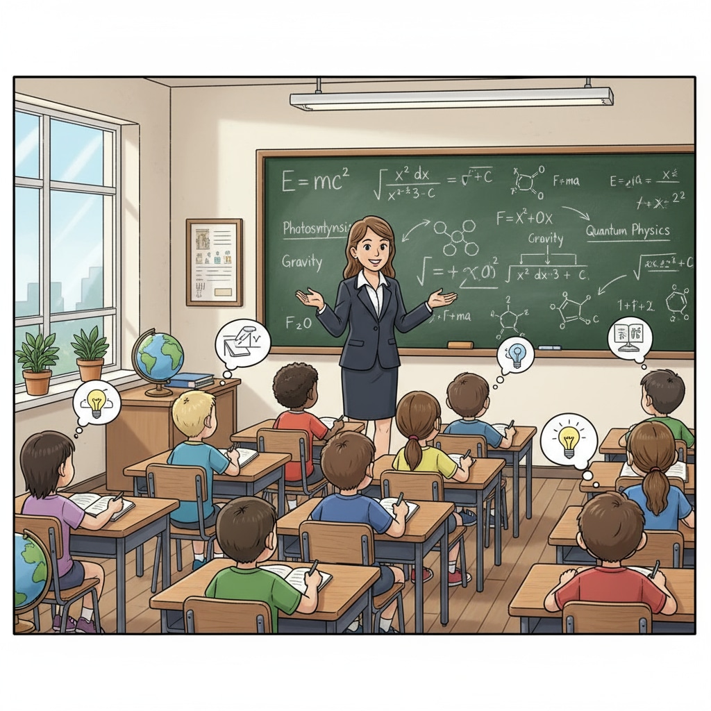 A classroom scene shows students sitting at their desks, listening attentively to the teacher. The blackboard is filled with formulas and notes, representing the traditional way of school education. A classroom scene depicting the current state of school education related to practicality and academic assessment