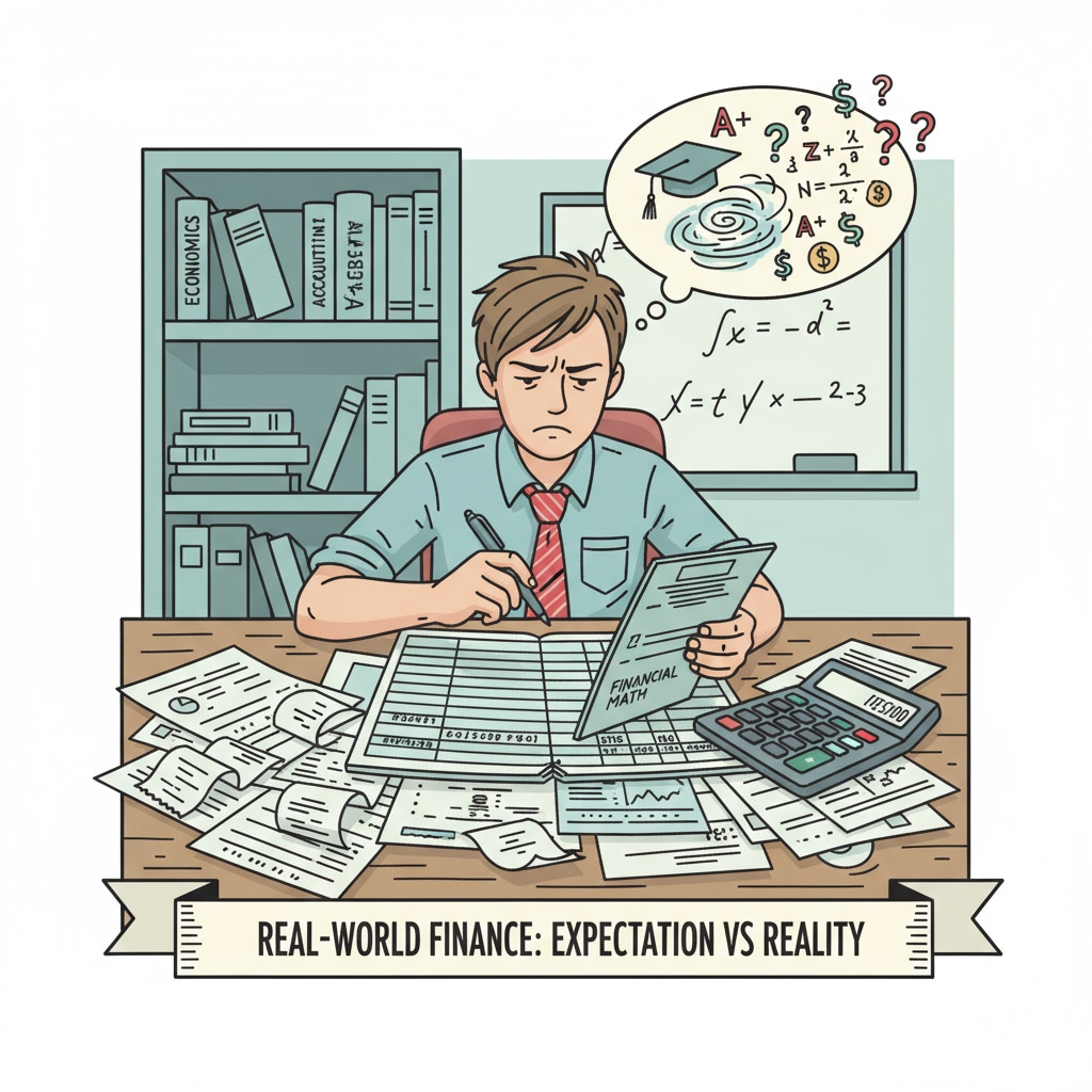 A young person is sitting at a table, looking frustrated while trying to balance a checkbook. Papers and a calculator are scattered around, highlighting the struggle to apply school-learned knowledge to real-life financial management. A student's struggle with real-life financial tasks showing the lack of practical skills from school education in terms of academic assessment
