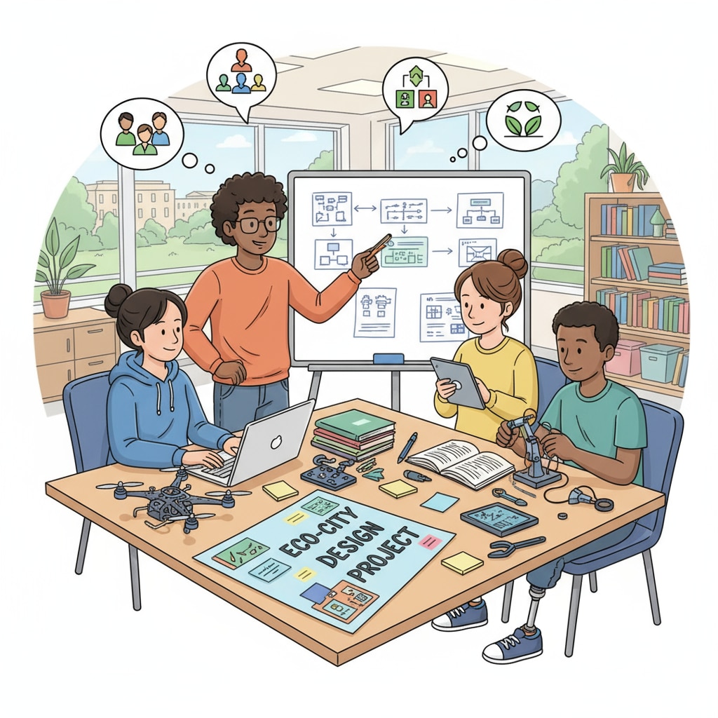 A group of students collaborating on a project, which is an example of an alternative assessment method. Students collaborating on a project for alternative assessment in the context of educational perspectives and teaching strategies