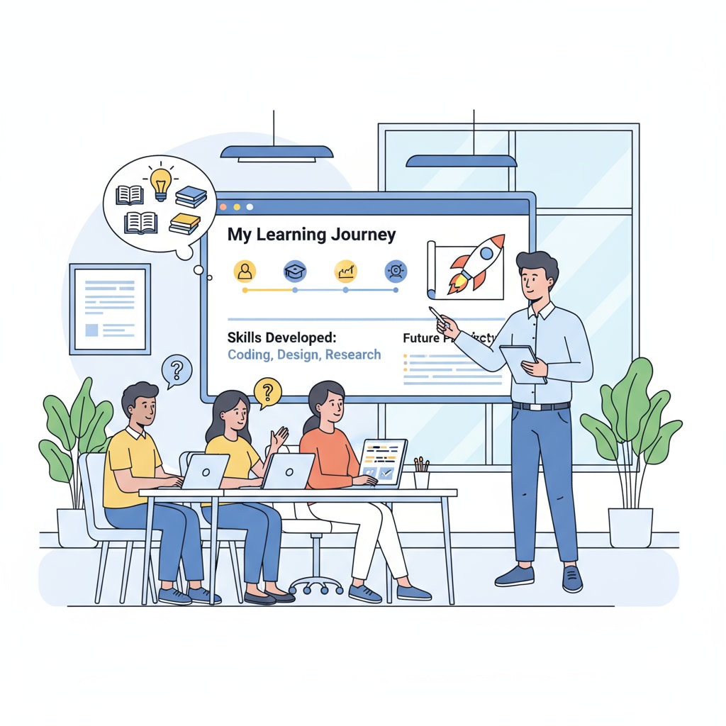 A student presenting their portfolio, showcasing their learning journey. Student presenting portfolio as part of alternative assessment related to student assessment, educational views, and teaching strategies