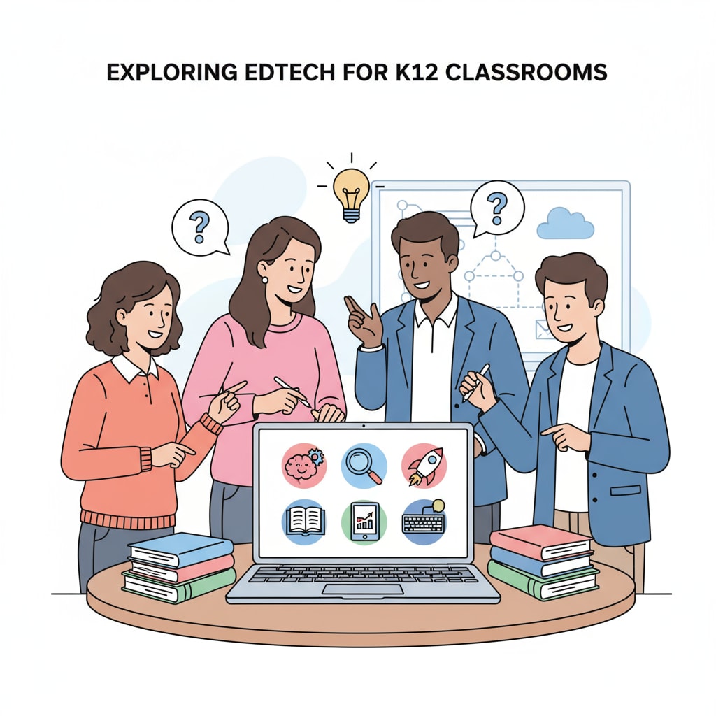 A group of K12 teachers gathered around a laptop, exploring educational technology tools K12 teachers exploring educational technology tools through information channels for potential adoption