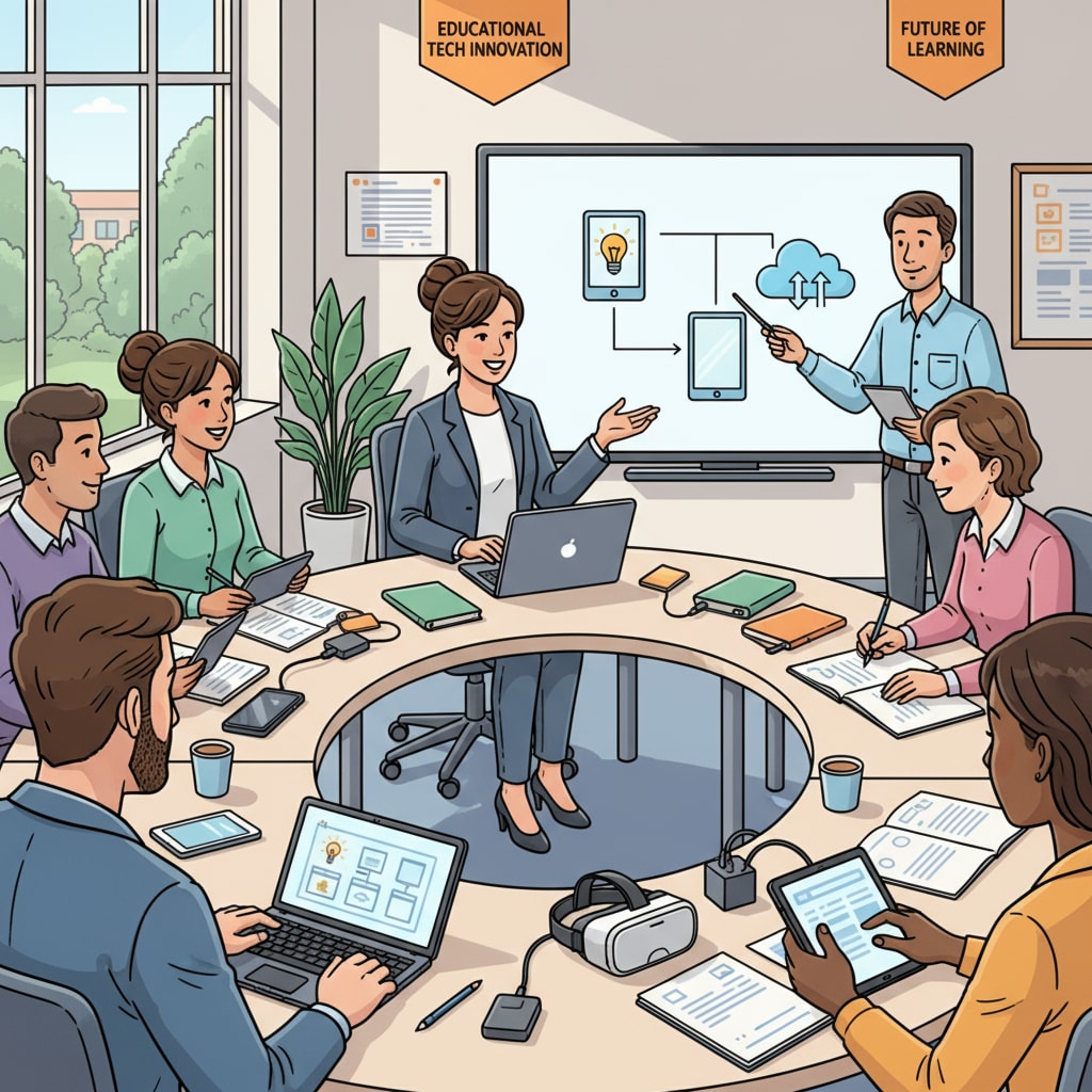 A teacher participating actively in a professional development workshop about educational technology A teacher engaged in a professional development workshop to learn about educational technology for adoption