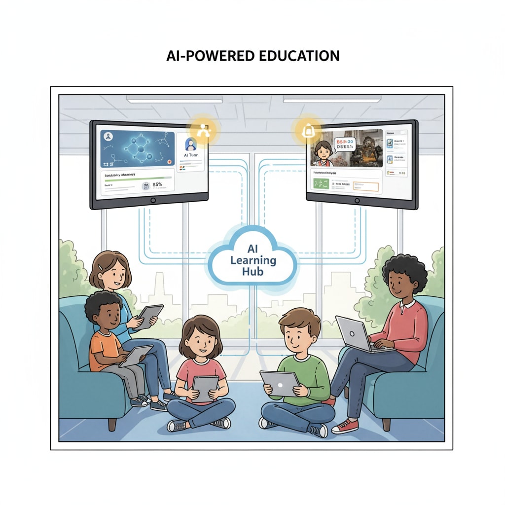 An illustration showing students of different ages and backgrounds using digital devices with AI-assisted video teaching platforms. The platforms display various educational videos and personalized learning dashboards. Students using AI-assisted video teaching platforms for learning equity