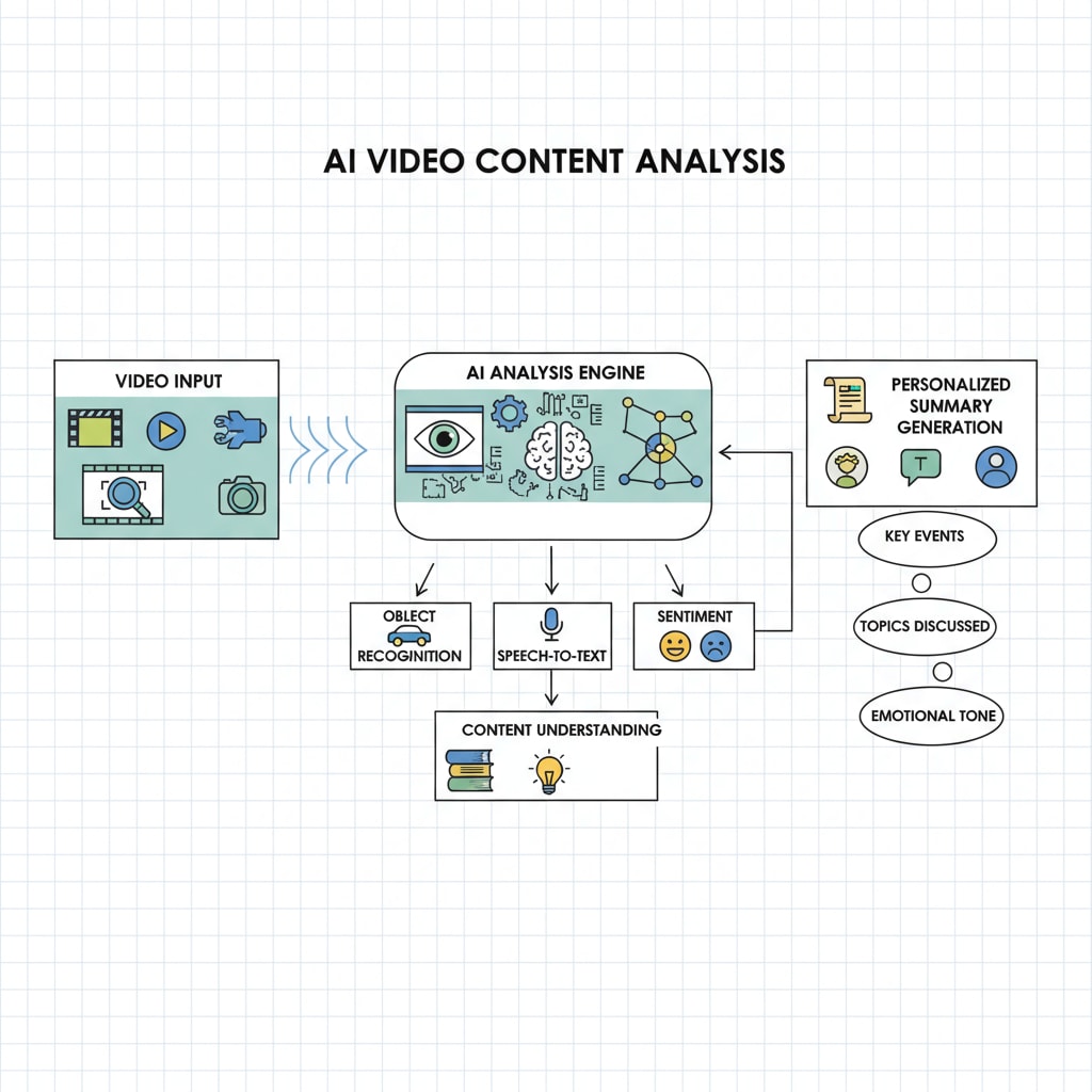 A graphical representation of an AI system analyzing video content and generating personalized summaries. There are icons of books, videos, and thought bubbles to indicate the process of content analysis and summary creation. AI generating personalized video summaries for enhanced learning equity
