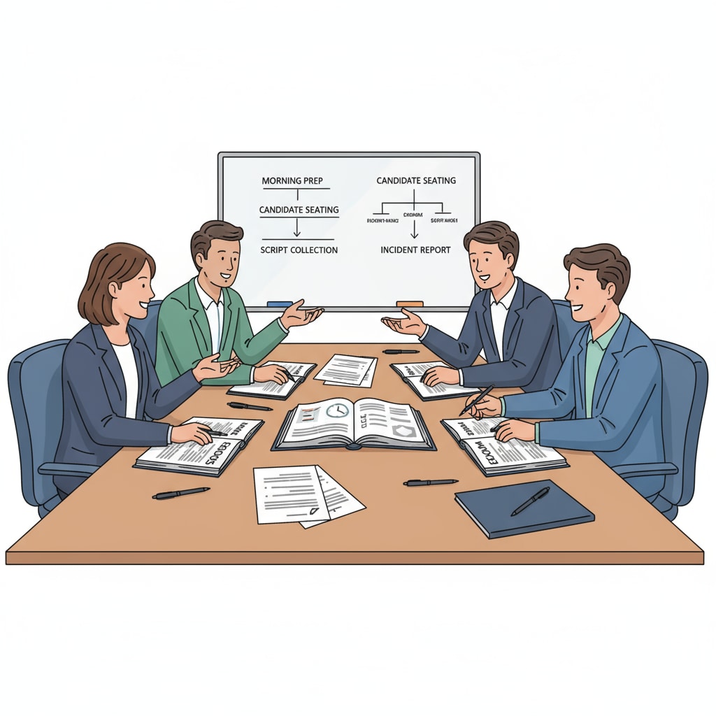 A group of test invigilators are sitting around a table in a meeting room, discussing exam procedures, with papers and pens in front of them. Test invigilators discussing exam procedures as part of their work experience and recruitment - related tasks