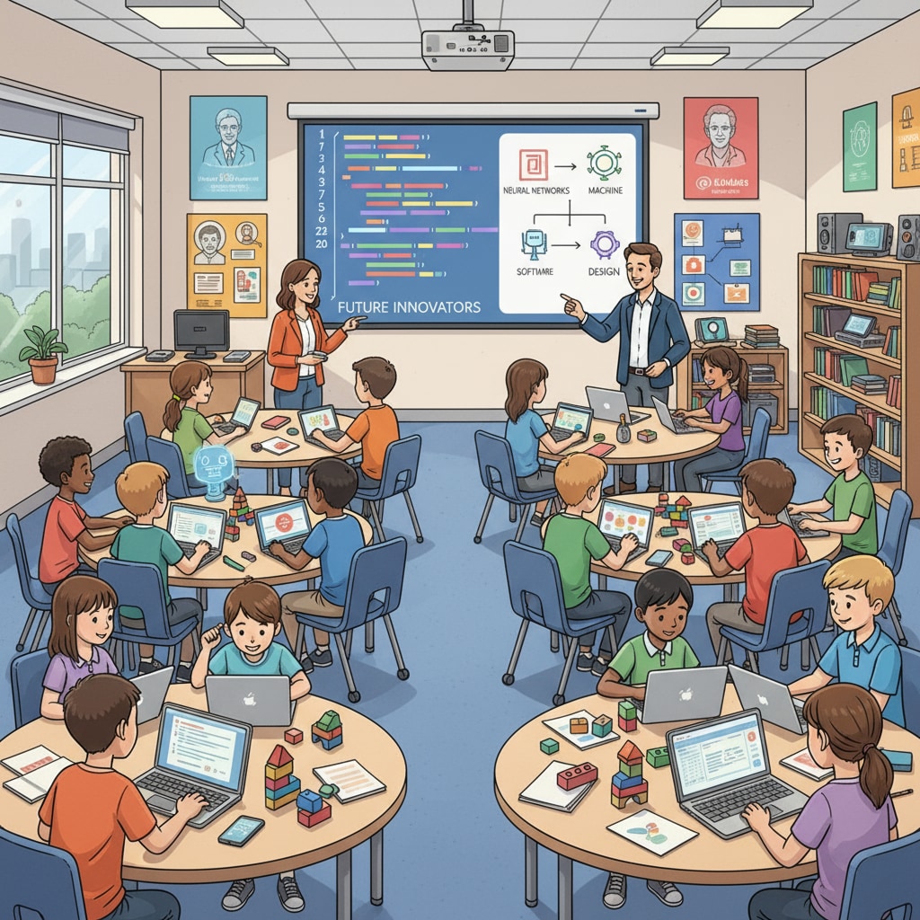 A group of K12 students are engaged in a classroom activity, with a screen displaying coding examples related to software engineering and AI, indicating their early interest in the field. K12 students interested in software engineering and AI certifications