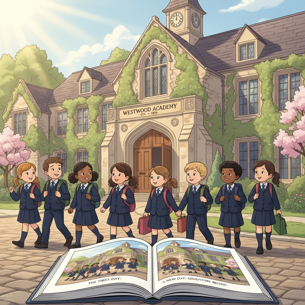 A group of children walking into a private school building, showing the start of a new educational journey. Children entering a private school, related to education choices for siblings.