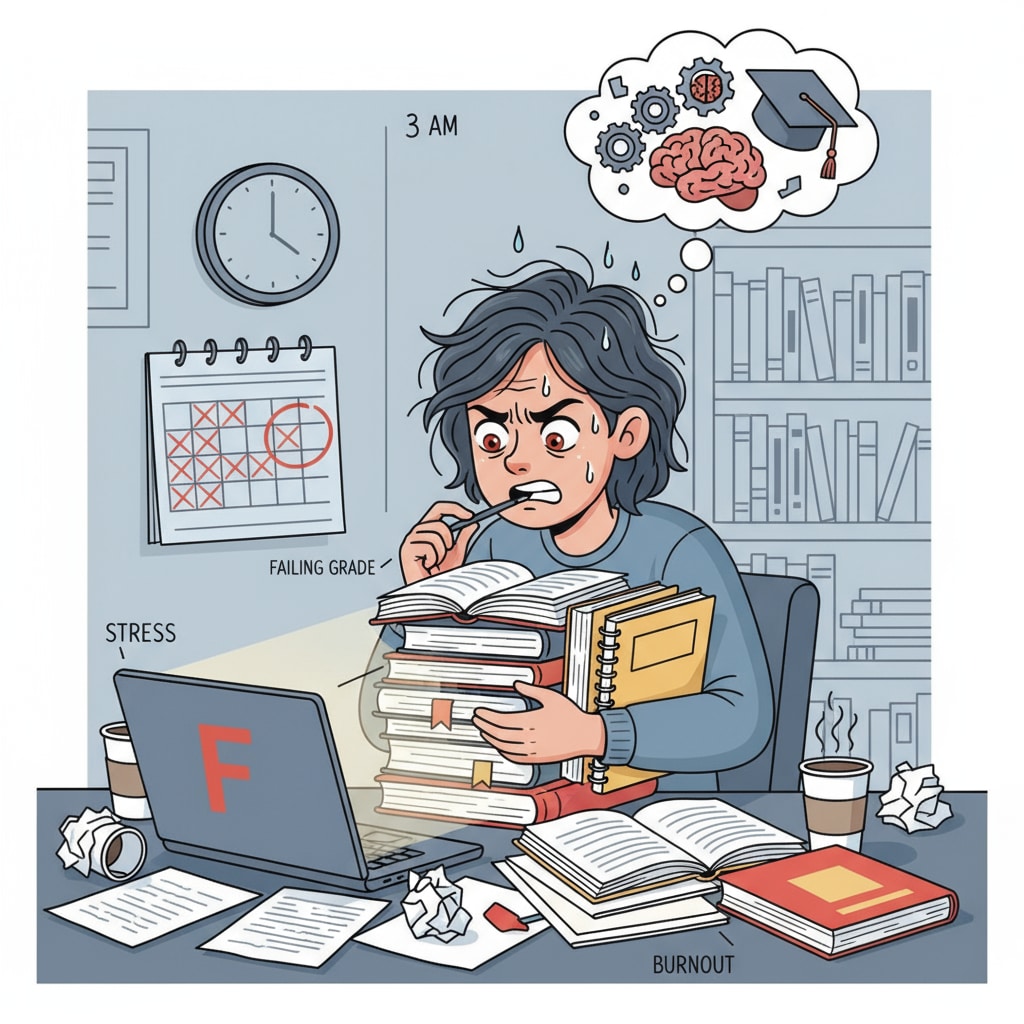 A student looking stressed while studying, representing the challenges of academic failure A stressed student studying, associated with academic expulsion, student failure, and university impact