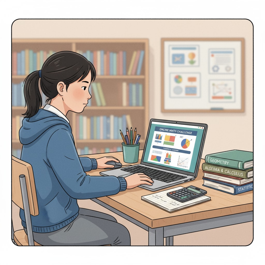 A young student sitting at a desk, concentrating on an online math assignment with a laptop and a set of math textbooks nearby. A student focused on an online math assignment, highlighting the use of online courses for remote learning in mathematics.