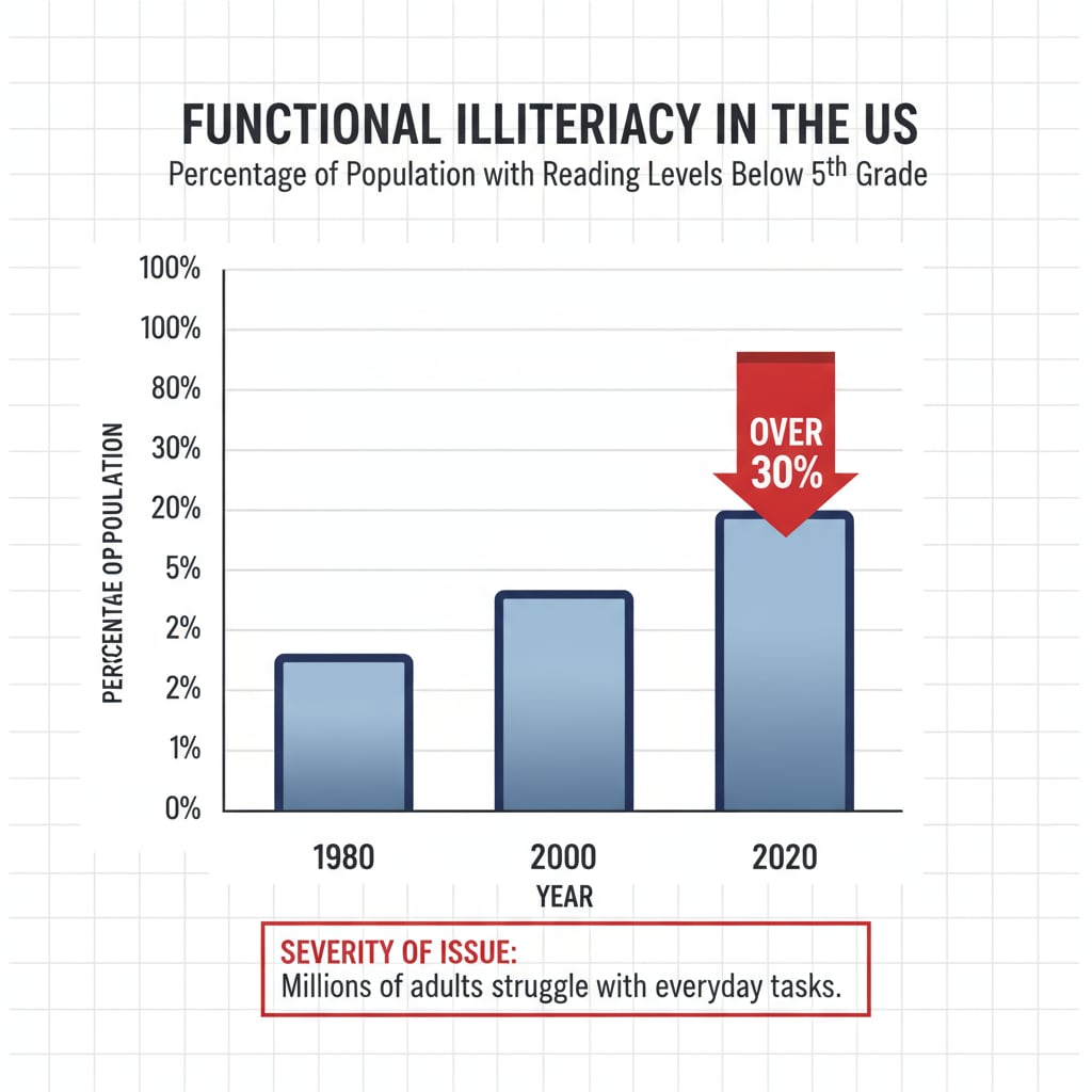 A graph presenting the percentage of the US population with reading levels below the 5th grade, showing the severity of the functional illiteracy issue. Graph of US population reading levels below 5th grade related to functional illiteracy, reading comprehension, and education crisis