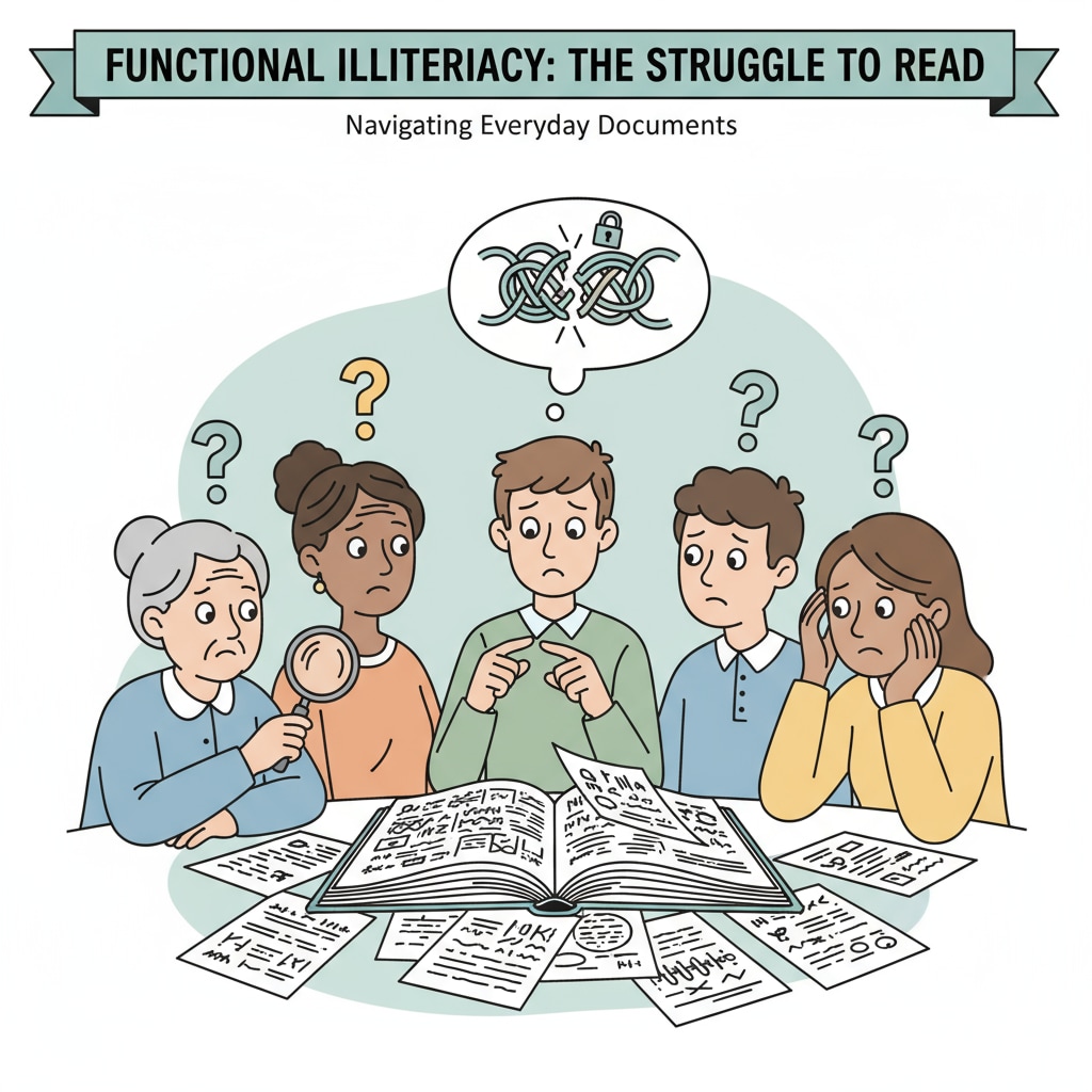A group of people looking confused while trying to read some documents, depicting the challenges faced by functionally illiterate individuals. People confused while reading documents, highlighting functional illiteracy, reading comprehension, and education crisis