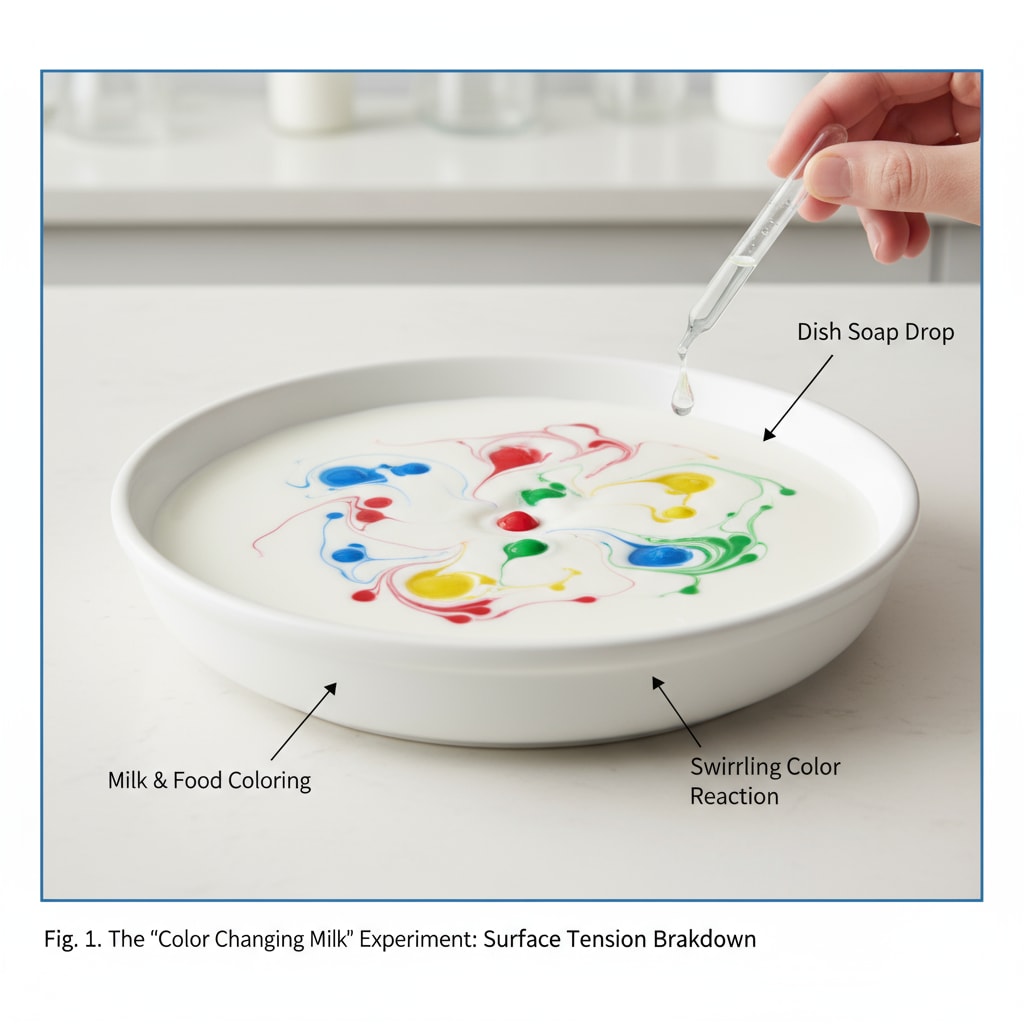 A young student is carefully observing the swirling colors in the Color Changing Milk Experiment. There is a shallow dish filled with milk and drops of food coloring that are moving due to the addition of dish soap. A primary school student engaged in the Color Changing Milk Experiment for a science exhibition