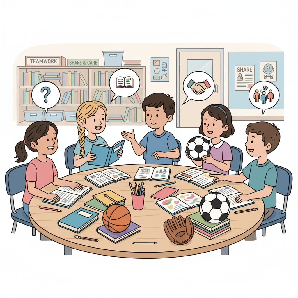 A group of K12 students are gathered around, discussing how they can share their textbooks, art supplies, and sports equipment among themselves. K12 students discussing the sharing of their闲置 items in the context of campus sharing economy