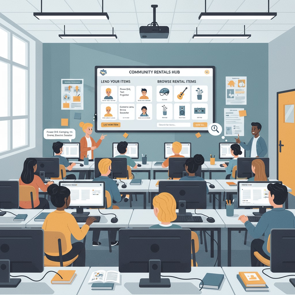 Students are sitting in front of computers, using a digital platform to list the items they want to rent out and browse through the items available for rent. Students using a digital platform for student rental of闲置 items in the campus sharing economy