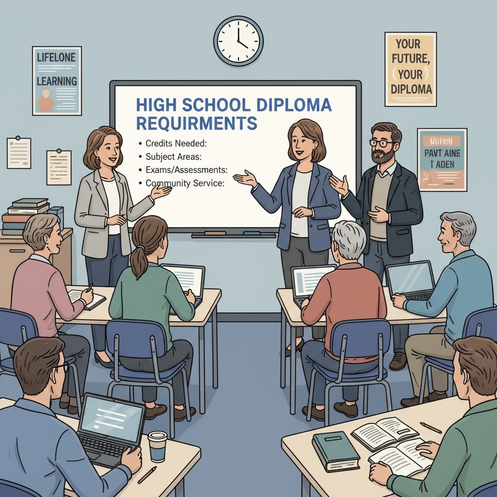 A classroom scene depicts adult students and a teacher discussing high school diploma requirements, highlighting the educational environment for adult learners. Adult students and teacher discussing high school diploma and GED/HiSet requirements