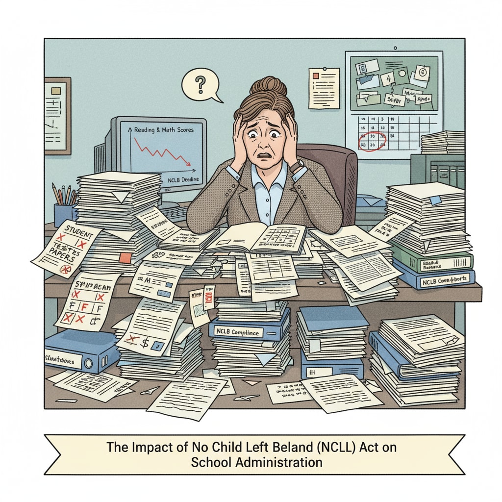 A principal under pressure due to NCLB Act, surrounded by test papers and reports