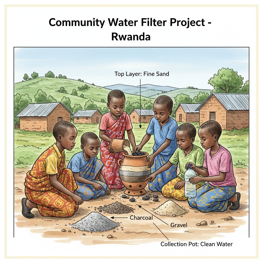 Rwandan rural children constructing a low-cost water filtration system as part of STEM education
