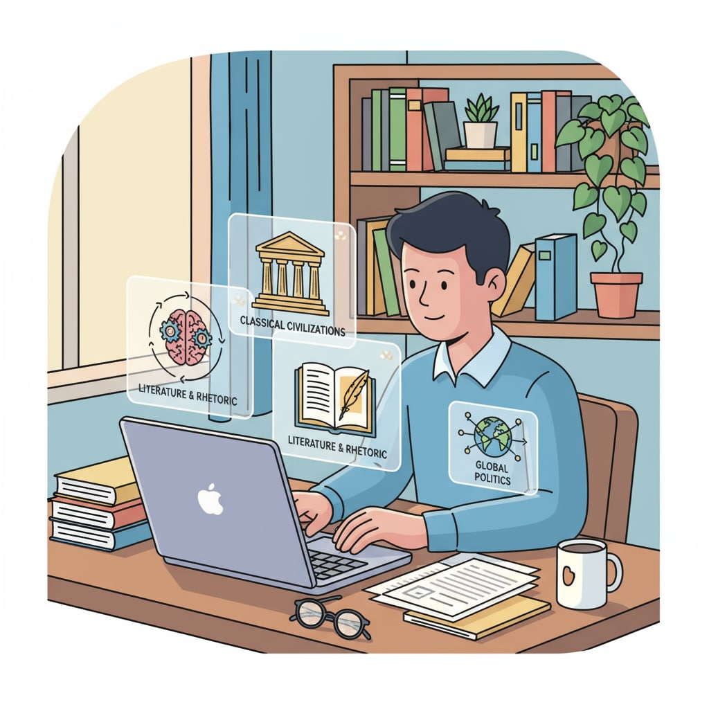 A person is shown concentrating on studying liberal arts courses on a laptop, with various open windows displaying course materials. An engineer engaged in part-time liberal arts learning on a laptop at low cost