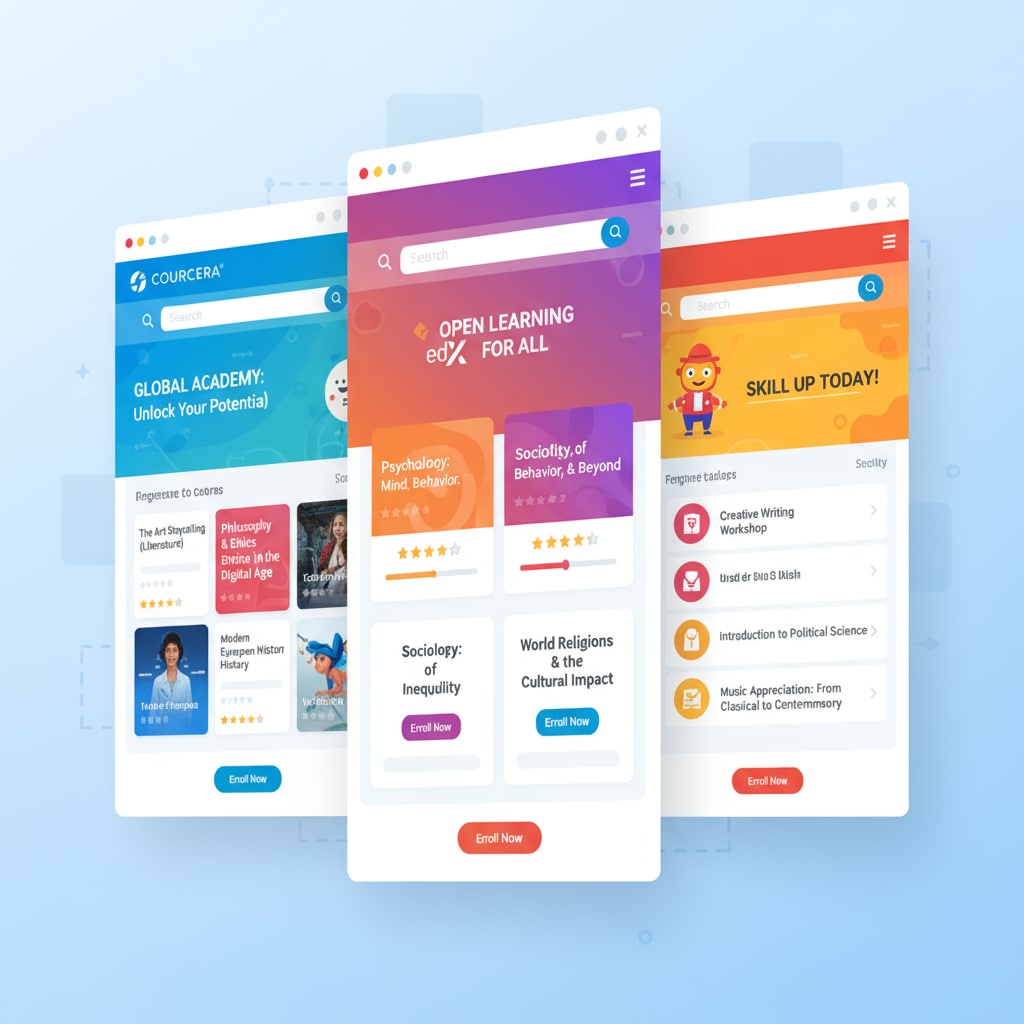 A screenshot displays the colorful and diverse course catalogs of popular online learning platforms, with different liberal arts courses highlighted. Course catalogs of online platforms for engineers' part-time liberal arts education at low cost