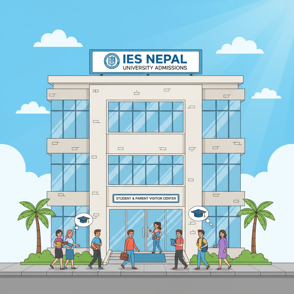 The exterior of the IES Nepal office building, with its sign clearly visible. This is where students and parents would visit to discuss university admissions. IES Nepal office building related to education consulting and university admission scams