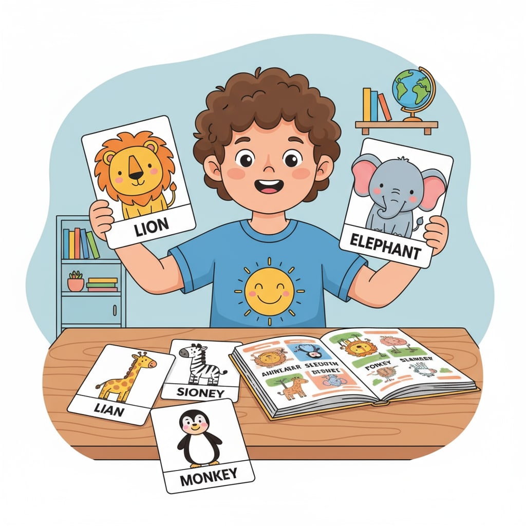 A child engaged in flashcard learning for biological knowledge acquisition