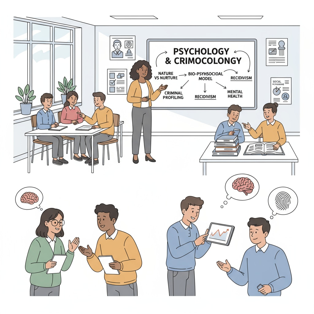 Students discussing psychology and criminology in a classroom