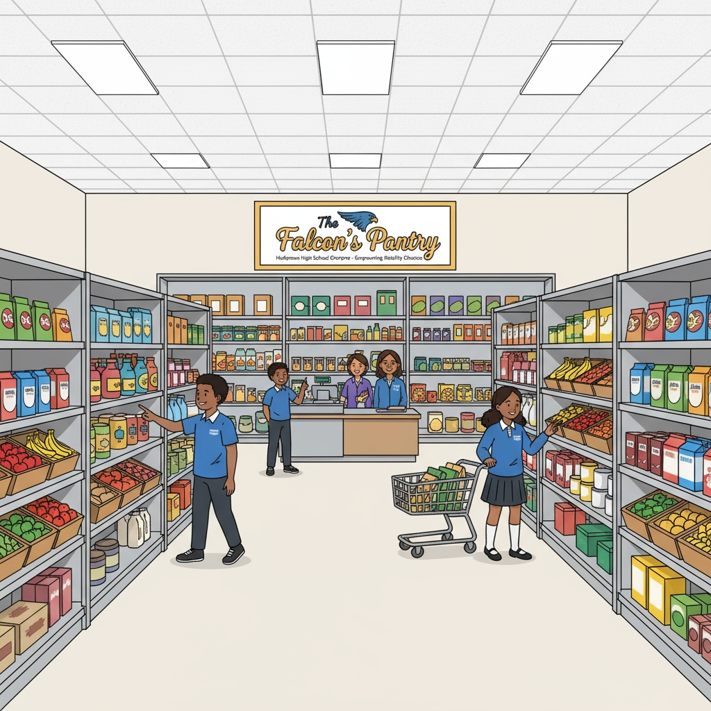 A view of the in - school grocery store at Huffman High School filled with students browsing the shelves. The store has neatly arranged aisles with various products on display. In - school grocery store at Huffman High School in Alabama with students shopping