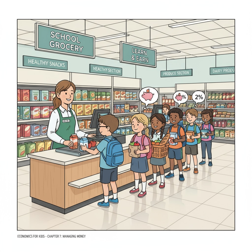 Students lining up to pay for items at the in - school grocery store. There is a cashier at the counter, and students are waiting patiently with their items. Students paying for items at the in - school grocery store in Huffman High School, Alabama