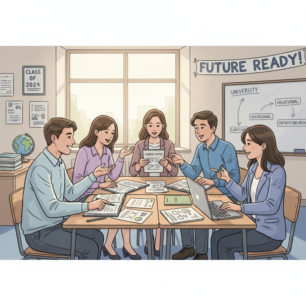 High school graduates are seen in a classroom, engaged in a discussion about their career options, with books and papers spread out on the desks. High school graduates discussing career choices related to higher education and employment