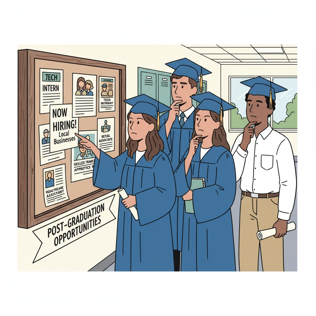 A group of high school graduates is looking at job advertisements on a bulletin board, showing expressions of thought and consideration. High school graduates considering employment opportunities amidst career choices and higher education dilemmas