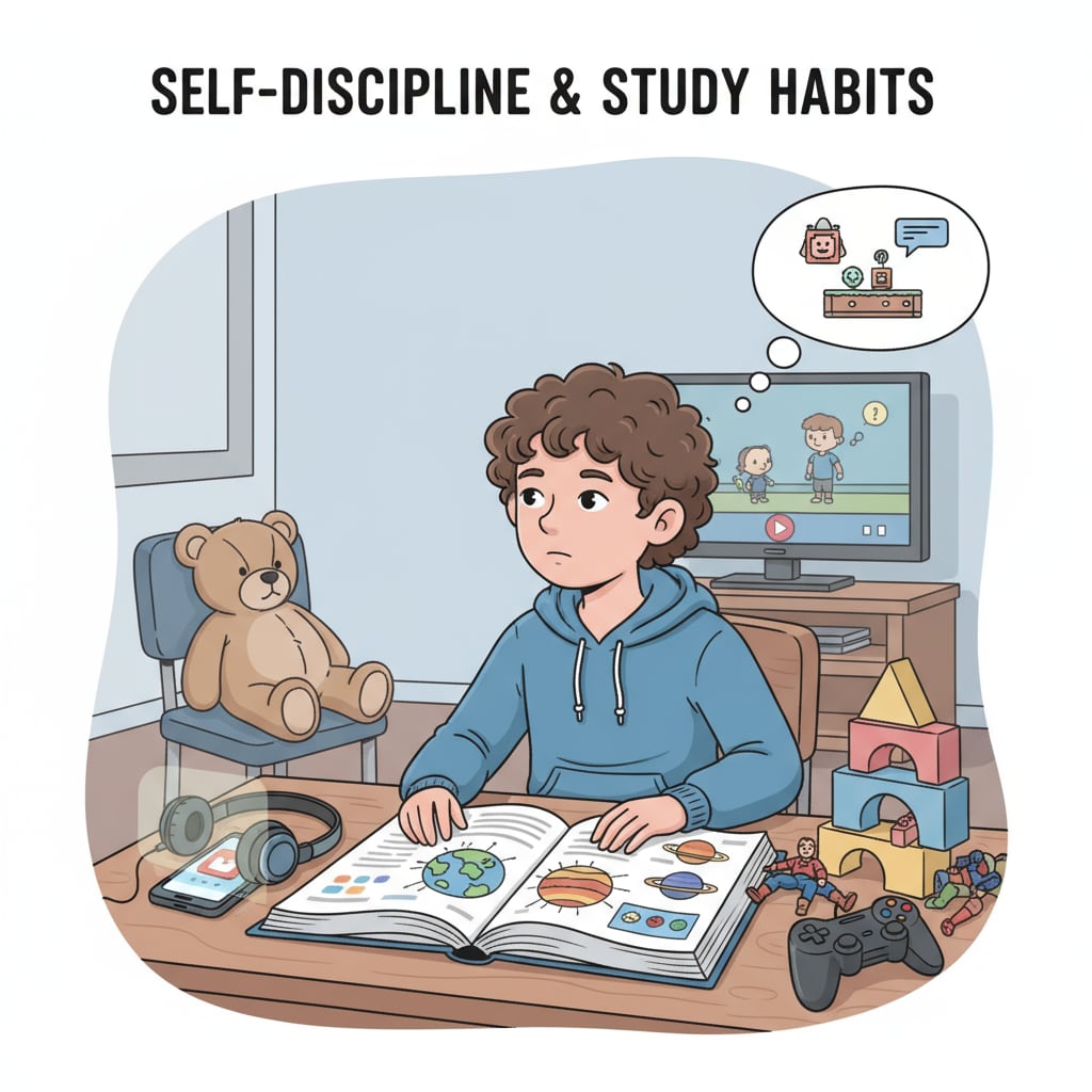 An image showing an adolescent with self-discipline difficulties during study