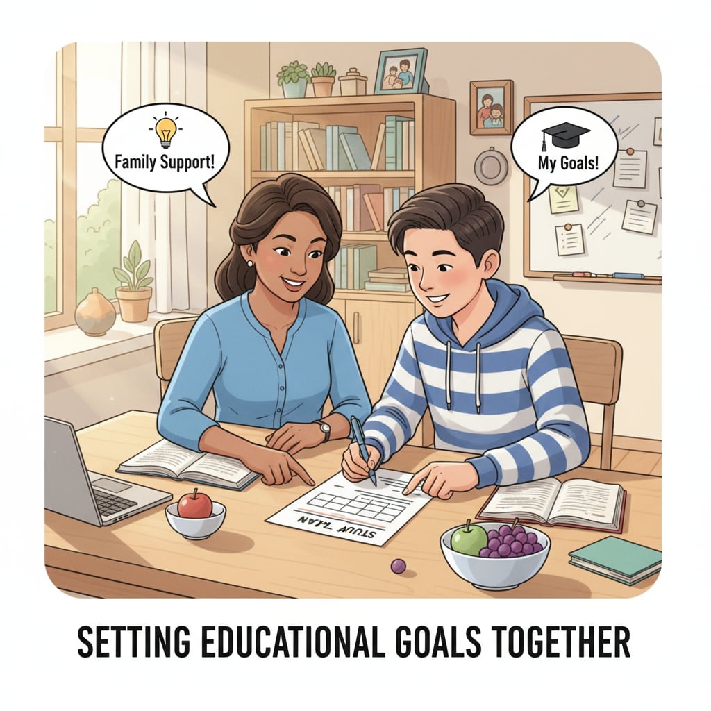 A picture of a parent and an adolescent engaging in positive family education regarding studies