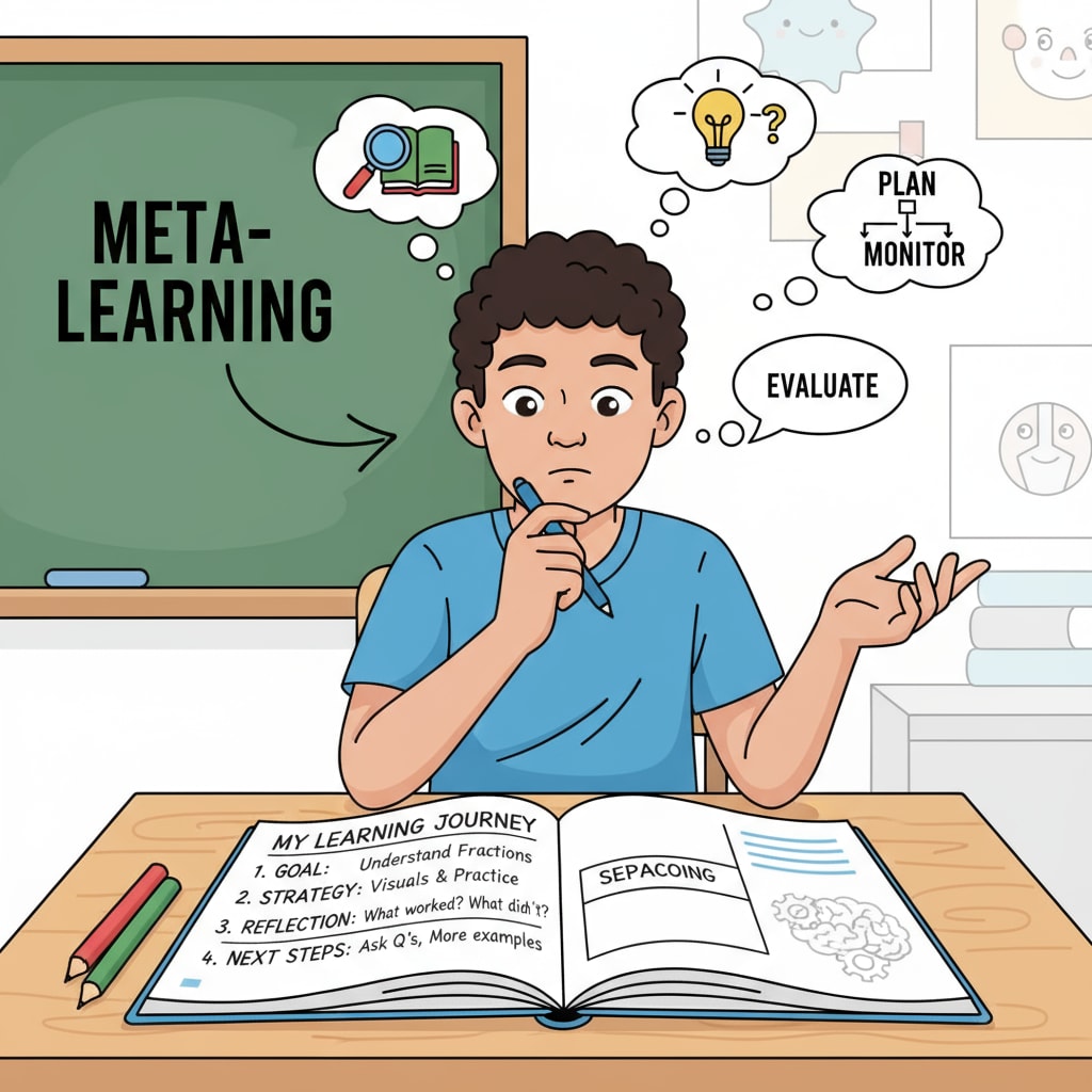 A single student is sitting at a desk, thinking and writing about their learning process, which is an example of meta-learning. Student practicing meta-learning