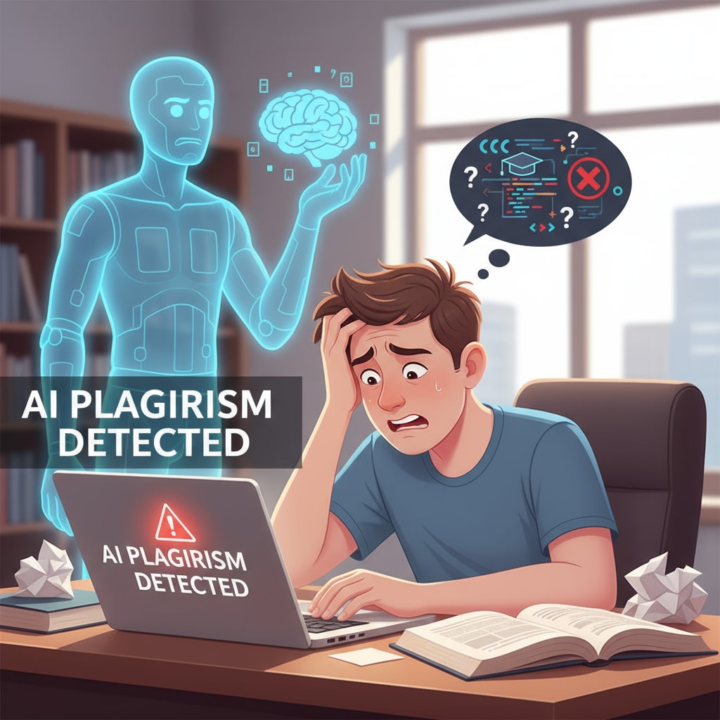 A student is sitting at a desk, looking worried while working on an academic paper. This represents the stress students face when dealing with AI accusations. A worried student working on an academic paper amidst AI accusations