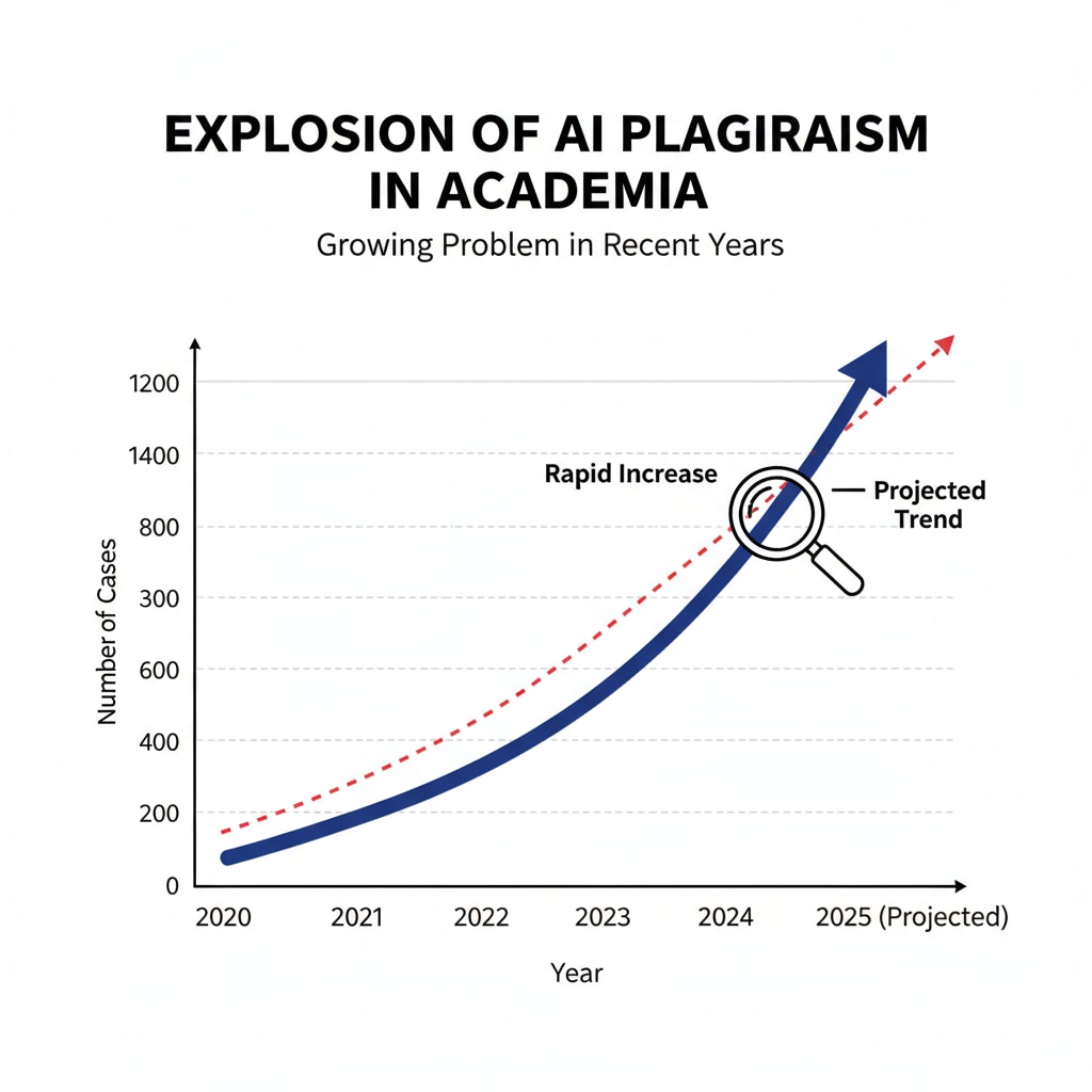 A graph showing the increasing number of AI-related plagiarism cases in recent years, highlighting the growing problem in academia. Graph depicting the rise in AI-related plagiarism cases