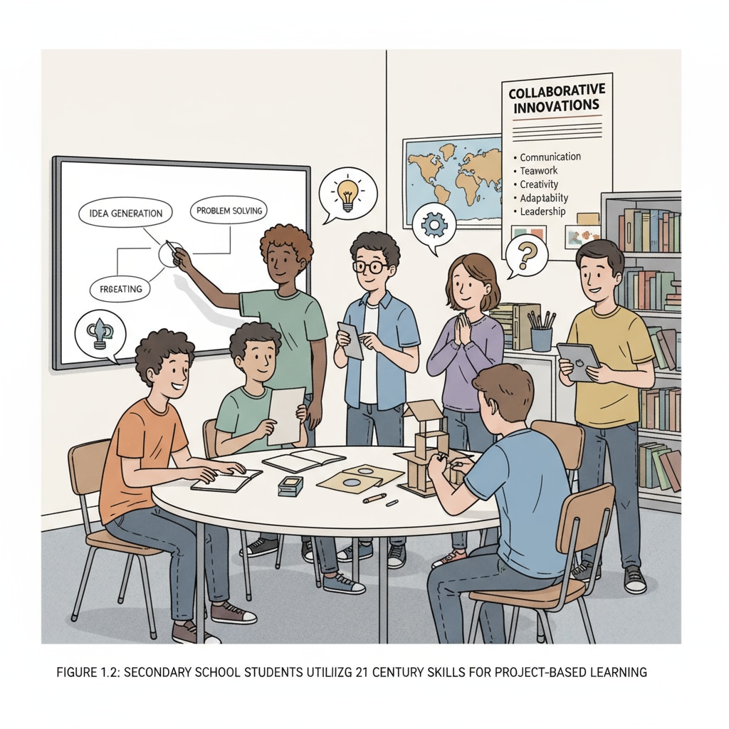 Secondary school students demonstrating soft skills like teamwork and communication during a project