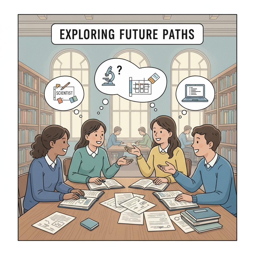 High school students discussing university education, major selection, academic success, and career planning in a library