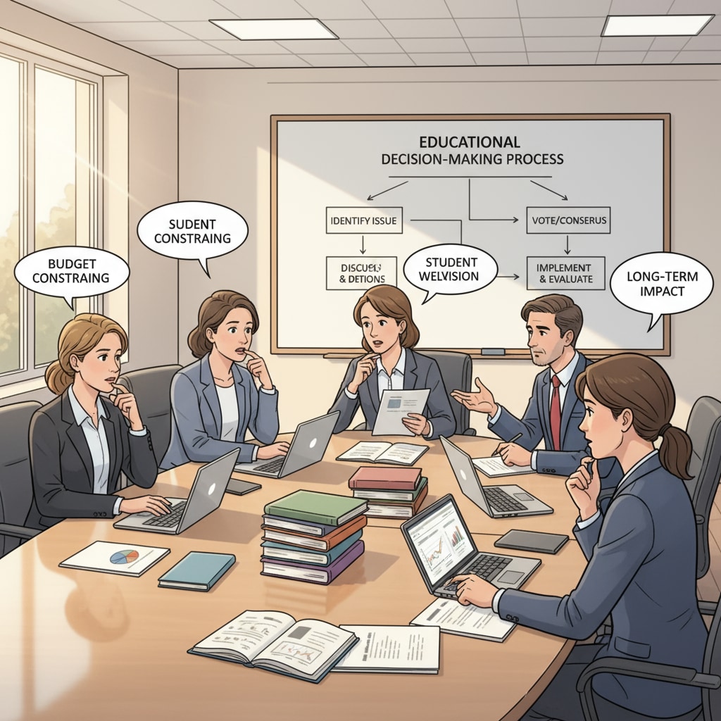 A group of school administrators engaged in a serious discussion in a meeting room, highlighting the decision-making process in educational management. School administrators discussing ethical dilemmas and administrative decisions in educational management.