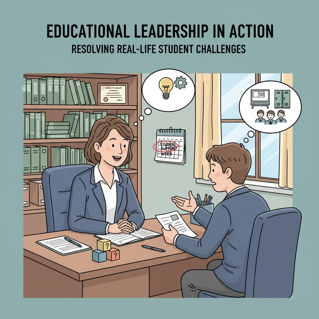 A school administrator attentively listening to a student's problem, symbolizing the real-life situations faced in educational management. School administrator dealing with a student issue, related to ethical dilemmas and administrative decisions in educational management.