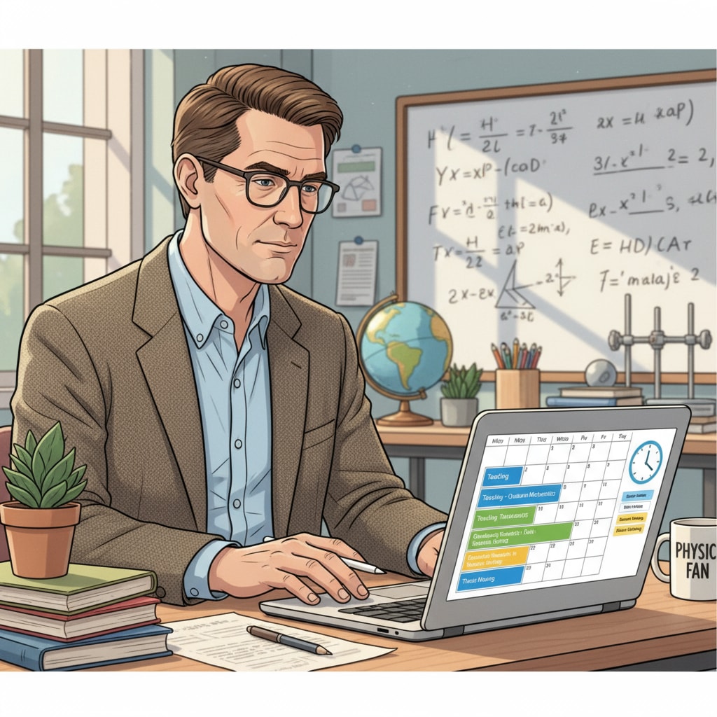 Physics teacher using a digital calendar for time management of teaching and graduate study