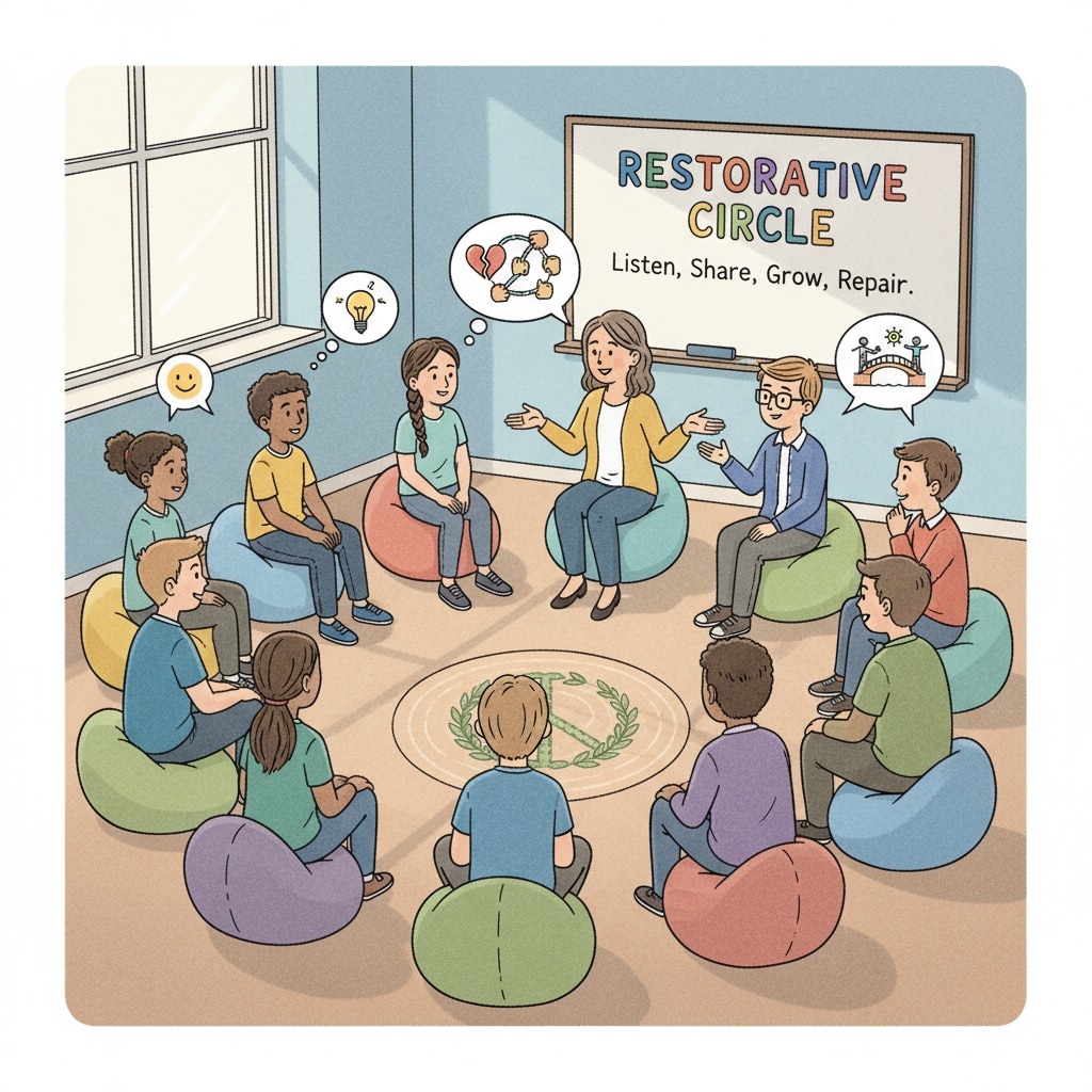 Restorative justice implementation in a school with students and teacher in discussion